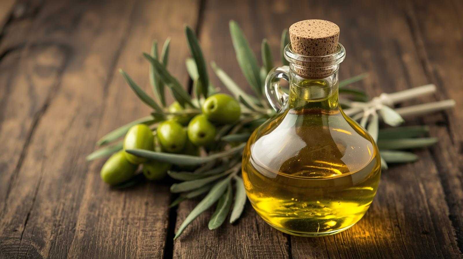 bottiglia di olio con rami di ulivo
