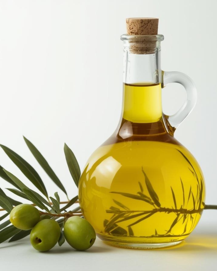 bottiglia di olio con rami di ulivo affianco
