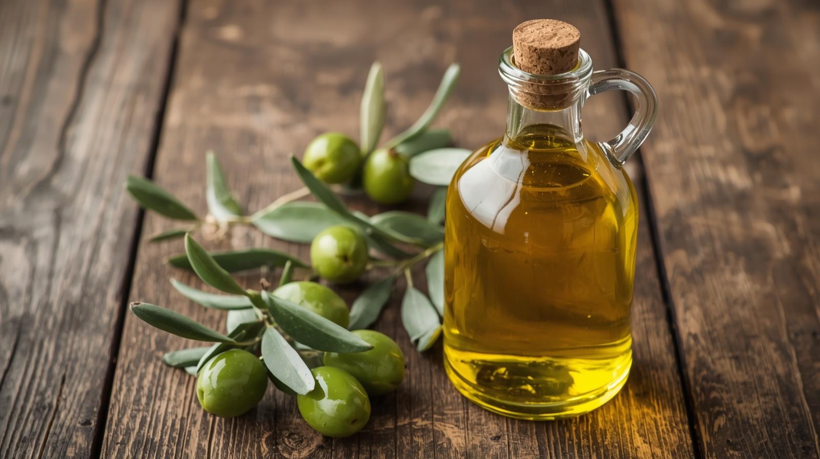 bottiglia di olio con rami di ulivo